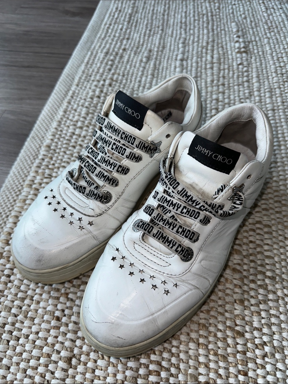 Jimmy Choo White Leather Star-Detail Low-Top Sneakers